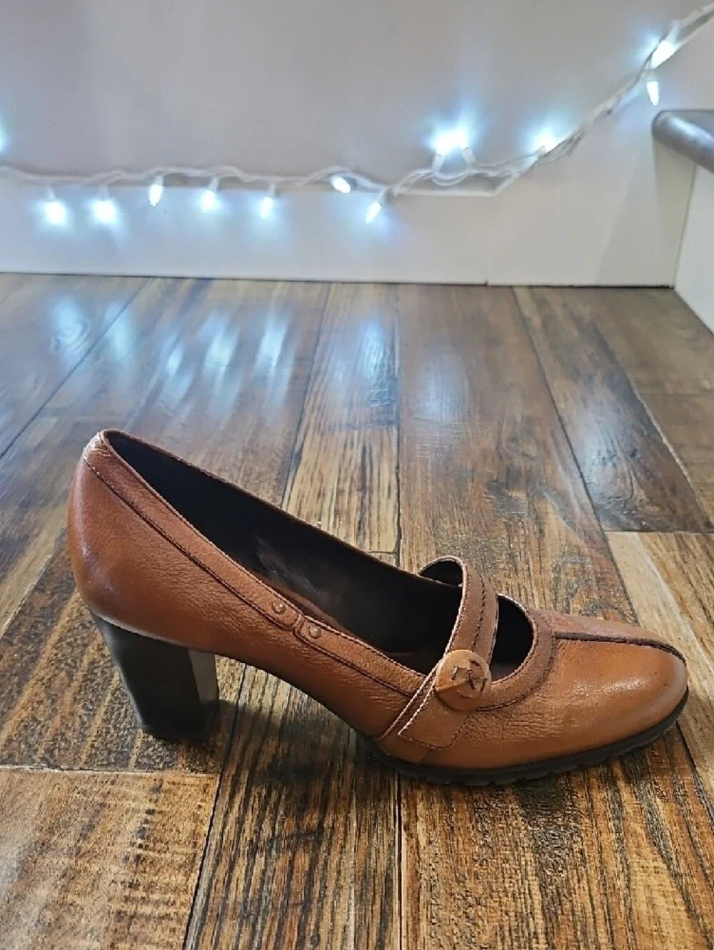 AEROSOLES Brown Leather Mary Jane Block Heel Pumps